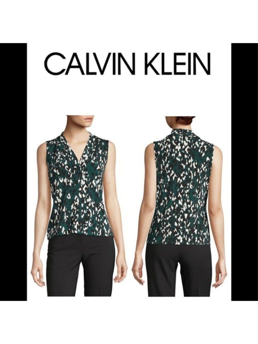 Calvin Klein emerald green black white Sleeveless Leopard-Print Blouse Sz XS